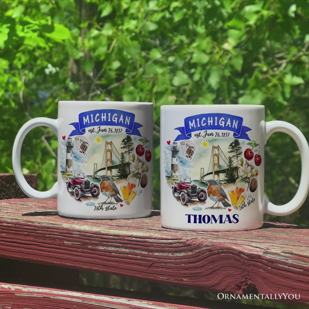 Artistic Michigan State Themes and Landmarks Personalized Mug With Custom Name