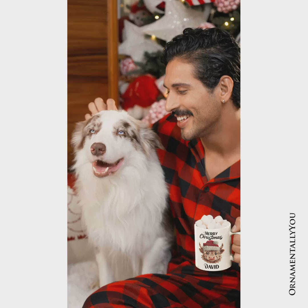 Highland Cow Santa Hat Christmas Personalized Mug, Imitation Latch Hook Yarn Cozy Gift with Custom Name