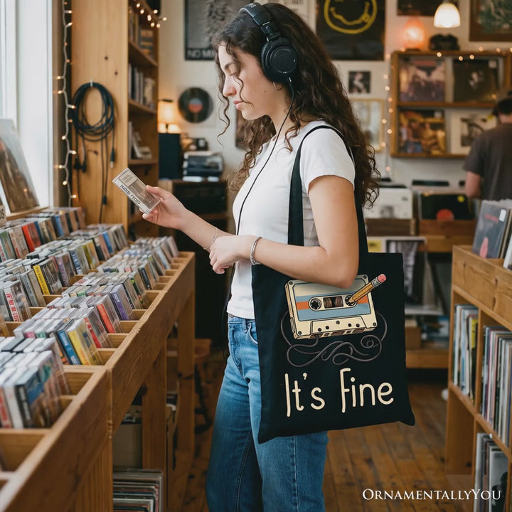 Retro Cassette Tape Tote Bag, 90s Music Vibe Gift Shopper