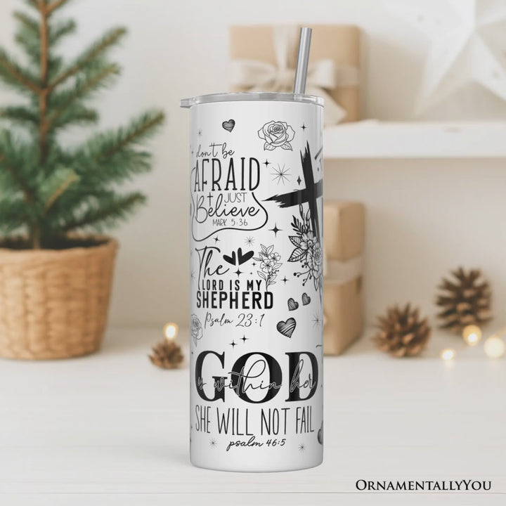 Floral Cross Bible Verses 20oz Personalized Tumbler With Lid and Stainless Steel Straw, Vintage Christian Affirmation Gift Cup
