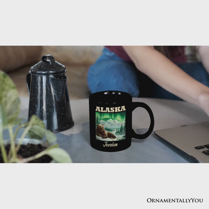 Majestic Alaska State Wilderness Vintage Personalized Mug, Northern Lights Grizzly Bear Gift and Nature Souvenir with Custom Name