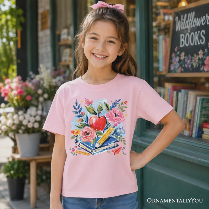 Kids Boho Floral Student T-Shirt, Watercolor Back to School Tee for Youth