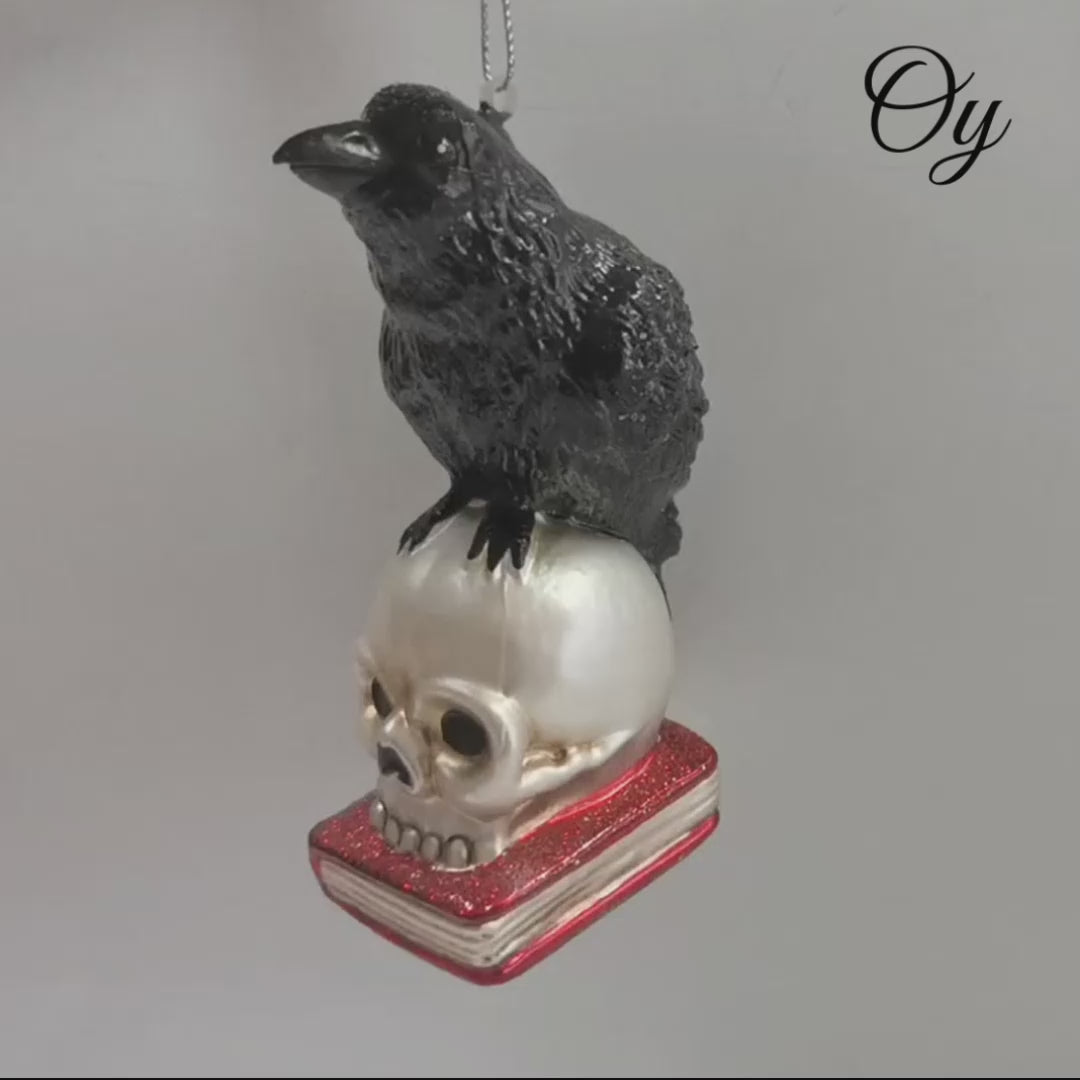 Raven on Skull and Book Glass Ornament, Horror Edgar Allan Poe Decoration