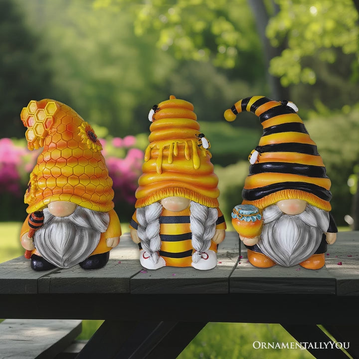 (Pre-Order) Buzzy Trio Set of Three Bumble Bee Gnome Figurines, 6" Tiered Tray Home or Garden Decoration
