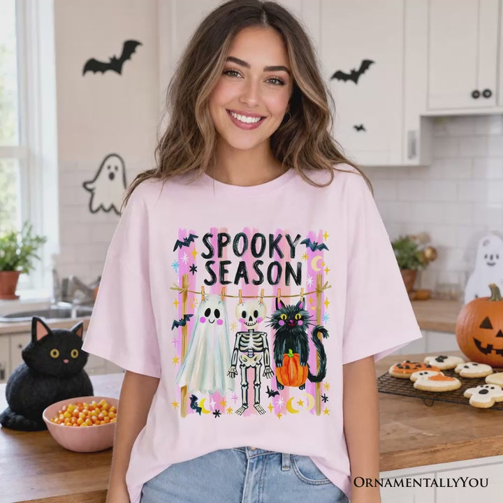 Spooky Season Ghost Skeleton Cat T-Shirt, Colorful Halloween Costume Tee