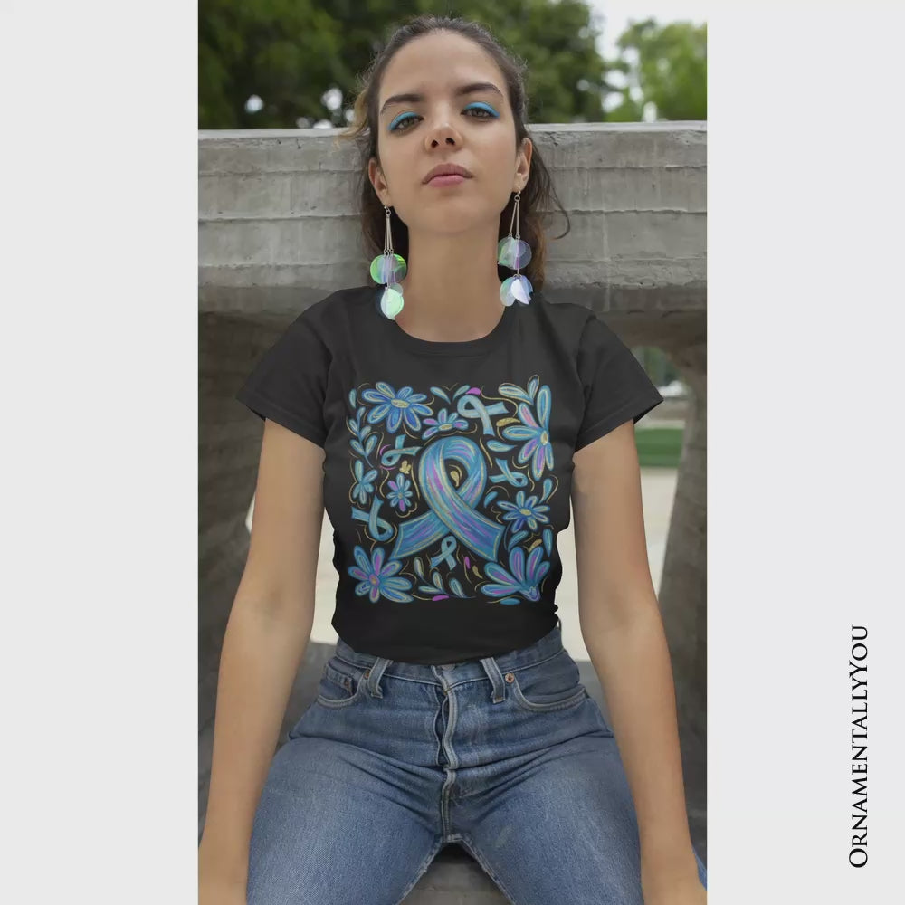 Diabetes Blue Ribbon Floral T-Shirt, Awareness Support Tee