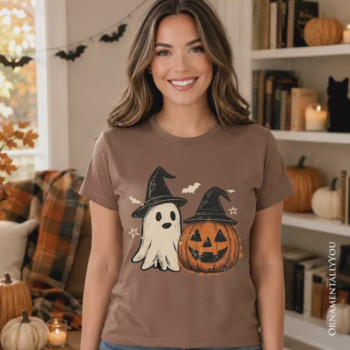 Witch Hat Ghost and Pumpkin T-Shirt, Vintage Halloween Jack O’ Lantern Tee