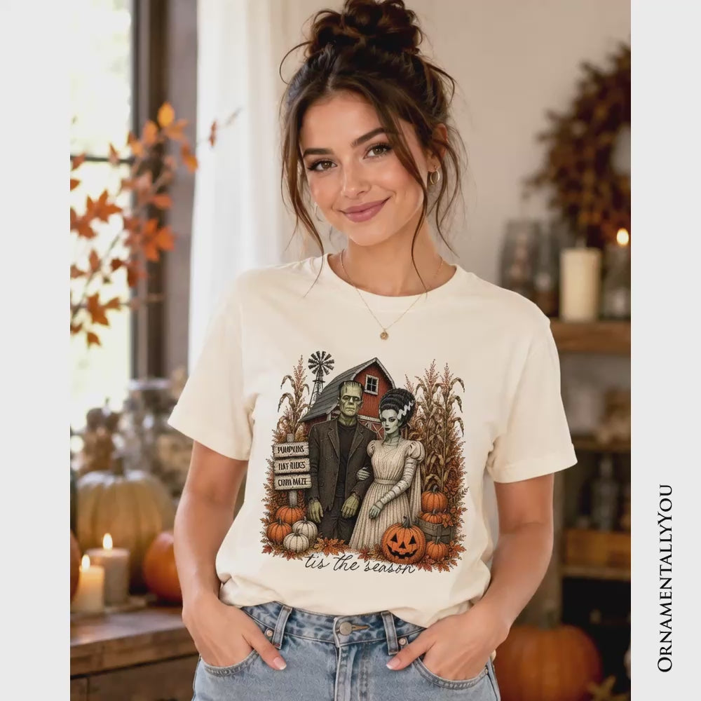 Frankenstein Couple Pumpkin Patch T-Shirt, Vintage Halloween Fall Festival Tee