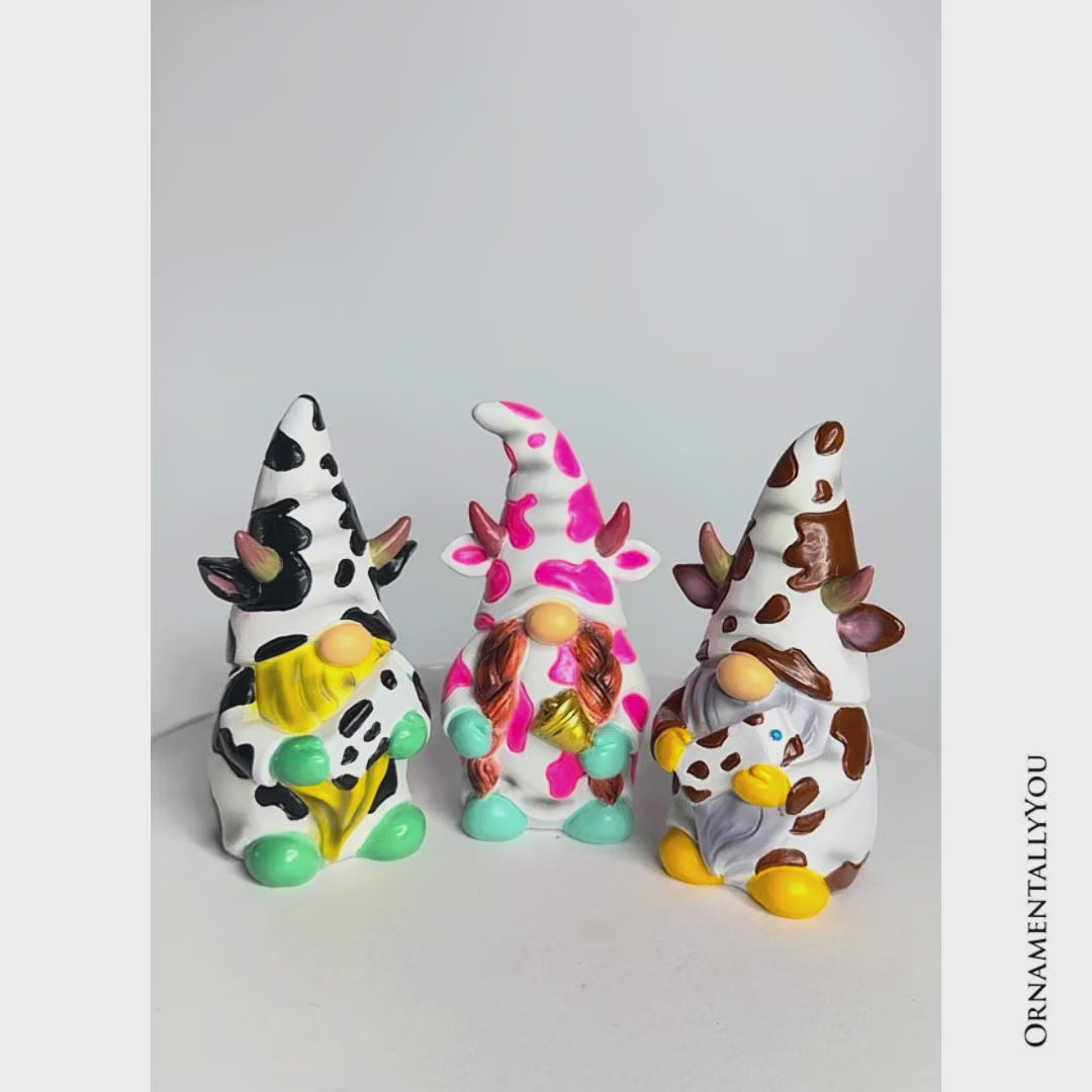 Endearing Cow Gnome Trio Mini Statue Set of Three, 5" Miniature Figurine and Unique Farm Resin Garden Statue