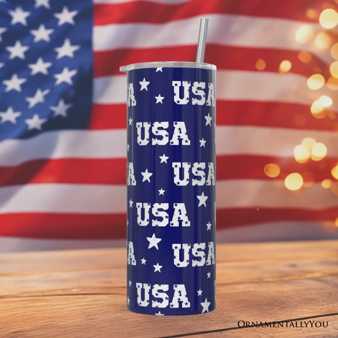 Navy USA Block Letters Pattern 20oz Personalized Tumbler With Lid and Stainless Steel Straw, Vintage Independence Day Patriotic Gift Cup