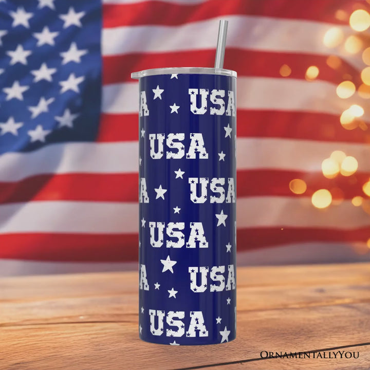 Navy USA Block Letters Pattern 20oz Personalized Tumbler With Lid and Stainless Steel Straw, Vintage Independence Day Patriotic Gift Cup