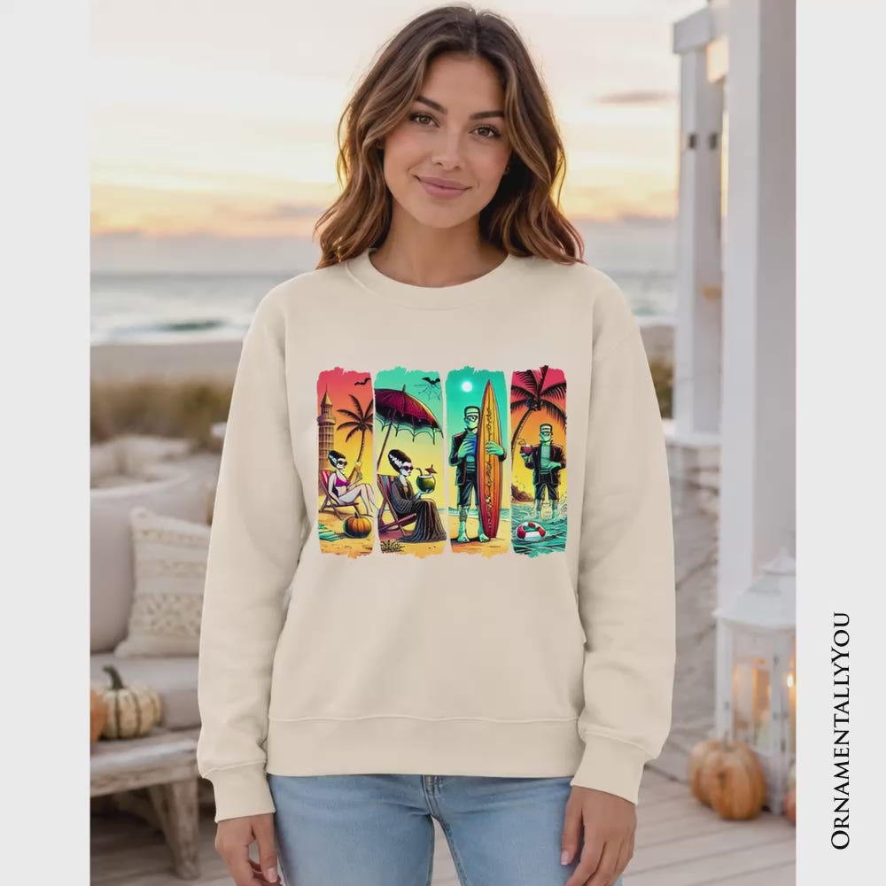 Frankenstein's Beach Vacation Sweatshirt, Retro Neon Surf Style Sweater for Horror Fans with Summer Vibes