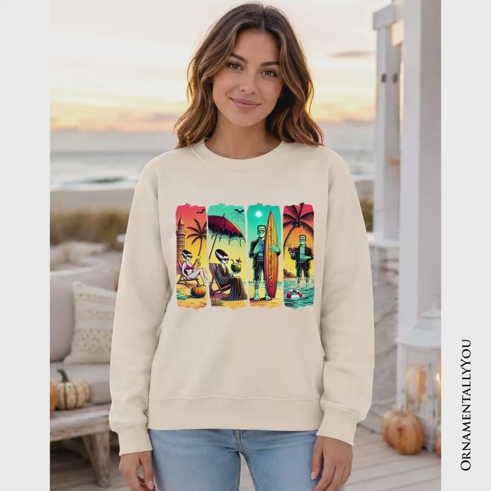 Frankenstein's Beach Vacation Sweatshirt, Retro Neon Surf Style Sweater for Horror Fans with Summer Vibes