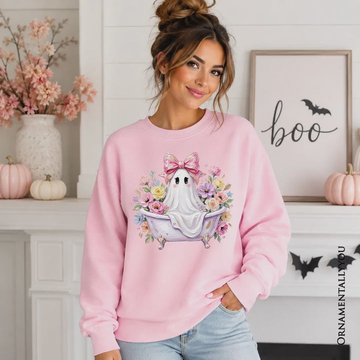 Pink Bow Bathtub Ghost Sweatshirt, Floral Coquette Halloween Sweater