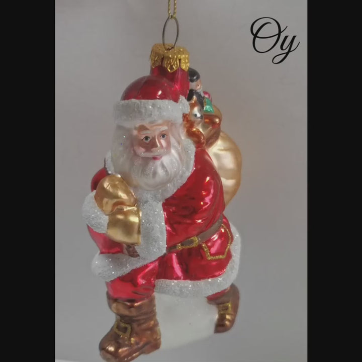 Holly Jolly Santa Claus with Gift Bag and Toys Blown Glass Christmas Ornament