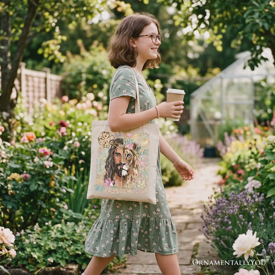 Lion of Judah Christian Tote Bag, Floral Jesus Religious Faith Gift Shopper