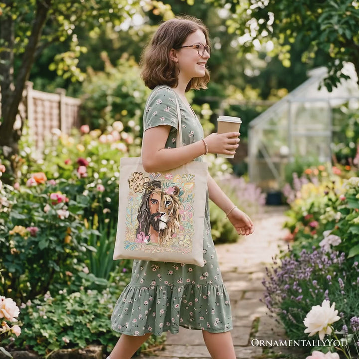 Lion of Judah Christian Tote Bag, Floral Jesus Religious Faith Gift Shopper