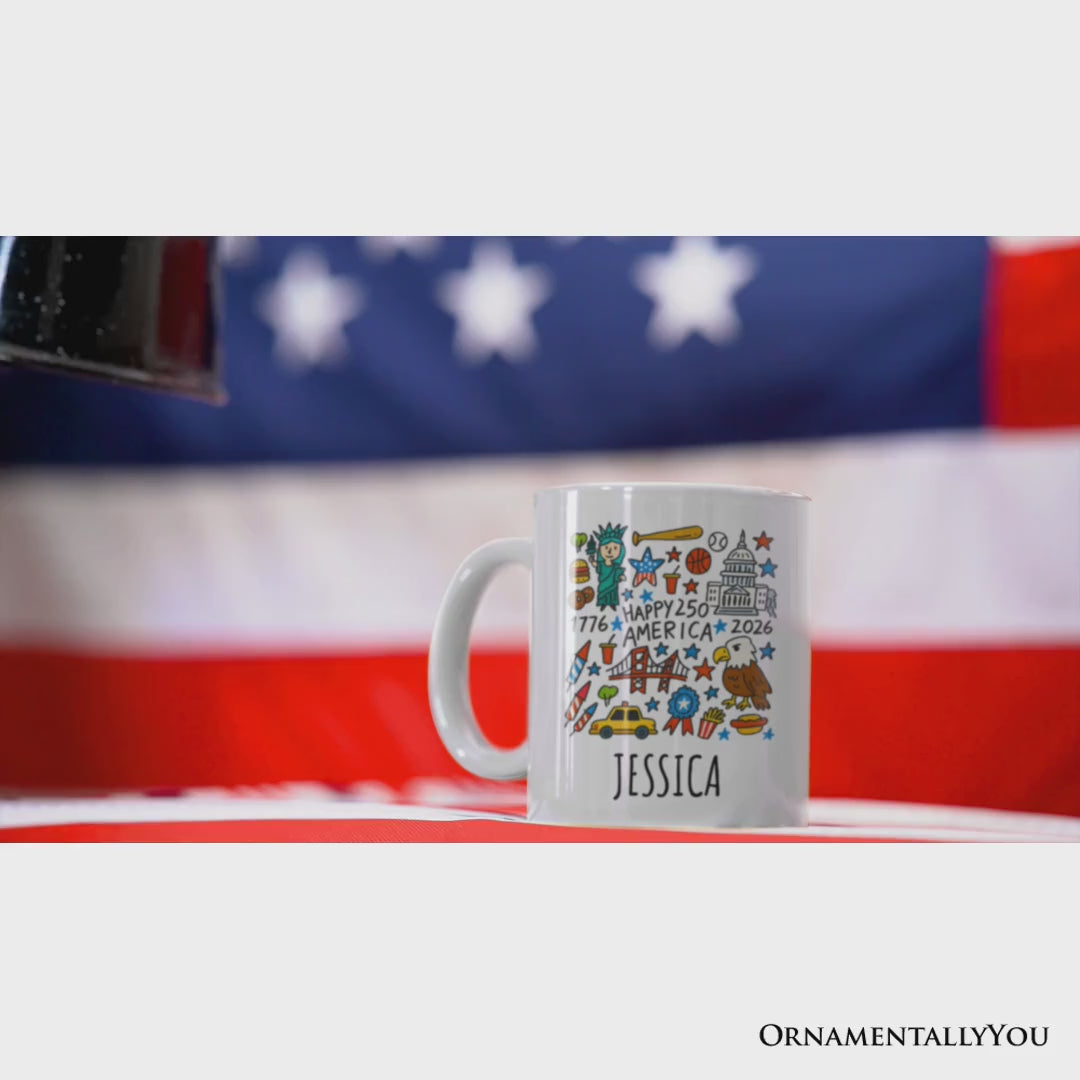 Happy 250 America Doodle Personalized Mug, Patriotic USA 1776-2026 250th Anniversary Gift with Custom Name