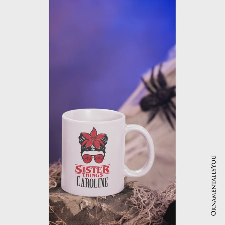 Sister Things Messy Bun Retro Personalized Mug, Red Bandana Glasses Family Matching Gift with Custom Name