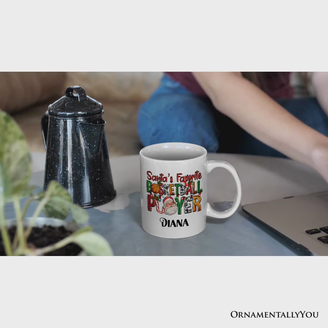 Santa’s Favorite Basketball Player Personalized Mug, Plaid Christmas Athelete Gift with Custom Name