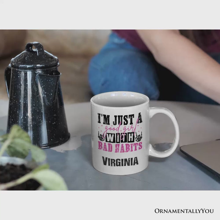 Good Girl with Bad Habits Personalized Mug, Grunge Skeleton Hands Rebellious Gift With Custom Name