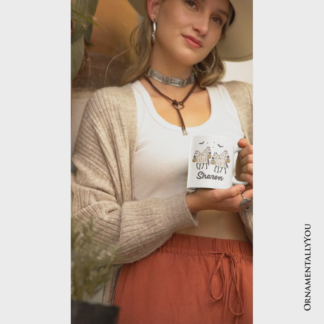 Retro Halloween Horse Ghosts Personalized Mug, Cute Western Gift with Spooky Vibes and Custom Name