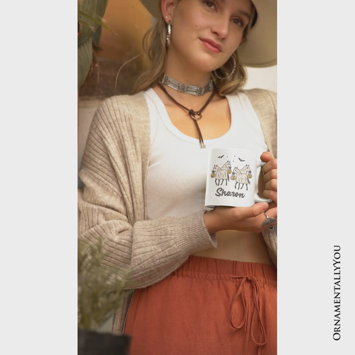 Retro Halloween Horse Ghosts Personalized Mug, Cute Western Gift with Spooky Vibes and Custom Name