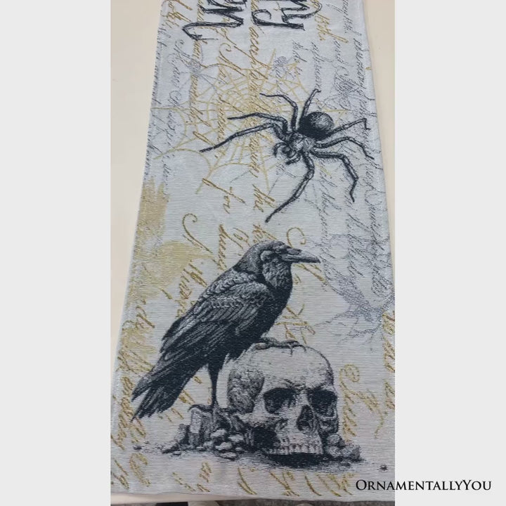 Elegant 72" Gothic Jacquard Table Runner, Halloween Tablecloth with Spider Webs and Black Ravens