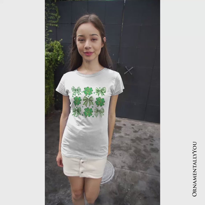 Coquette Clover Bows St Patrick’s Day T-Shirt, Green Irish Lucky Shamrock Tee