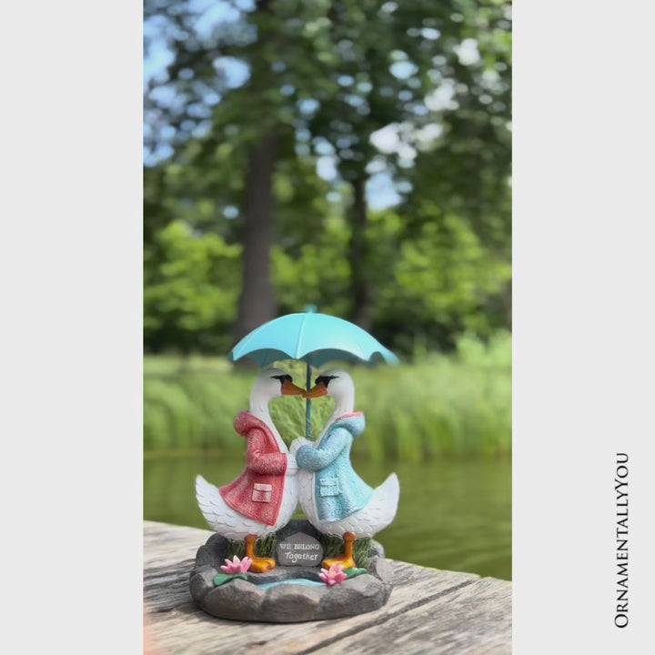 Romantic Swan Couple Under an Umbrella Solar Powered Garden Statue, 10" Lighted Outdoor Bird Figurine Decor