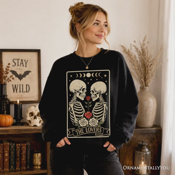 Skeleton The Lovers Sweatshirt, Tarot Card Gothic Moon Phases Rose Sweater
