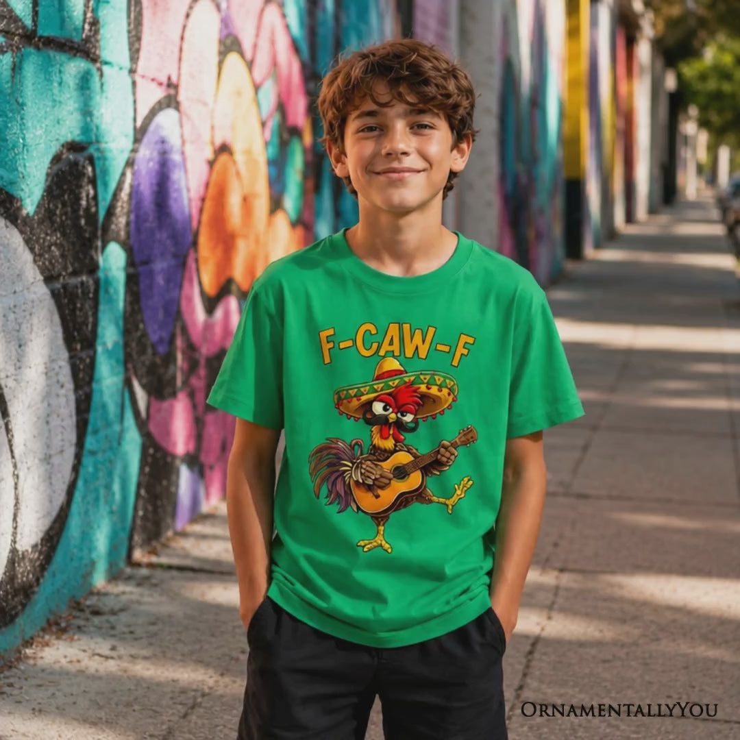 Kids F-CAW-F Rooster Cinco De Mayo T-Shirt, Funny Mexican Youth Tee