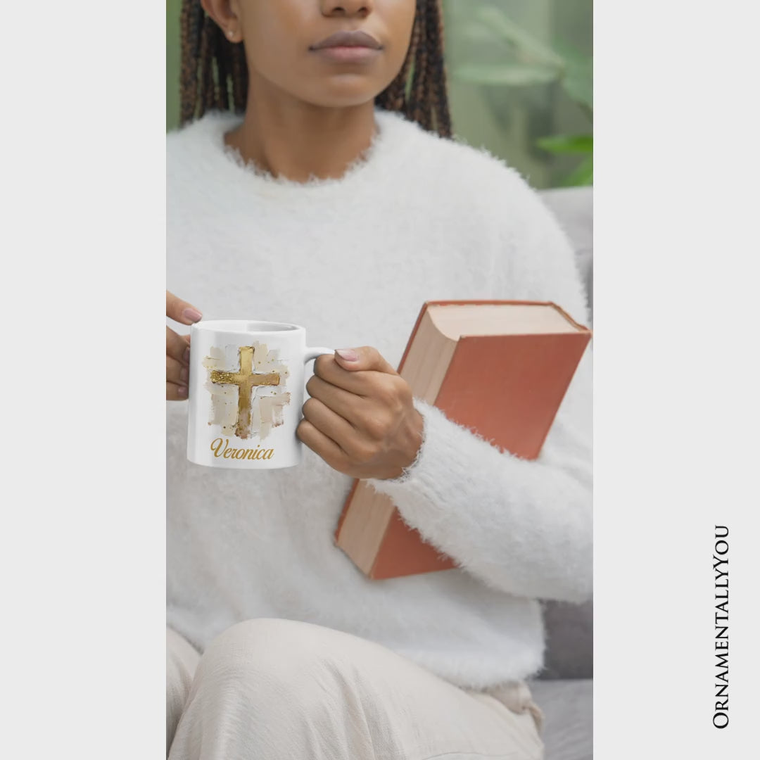 Oil Brushstroke Cross Personalized Mug, Christian Faith Jesus Easter Gift with Custom Name