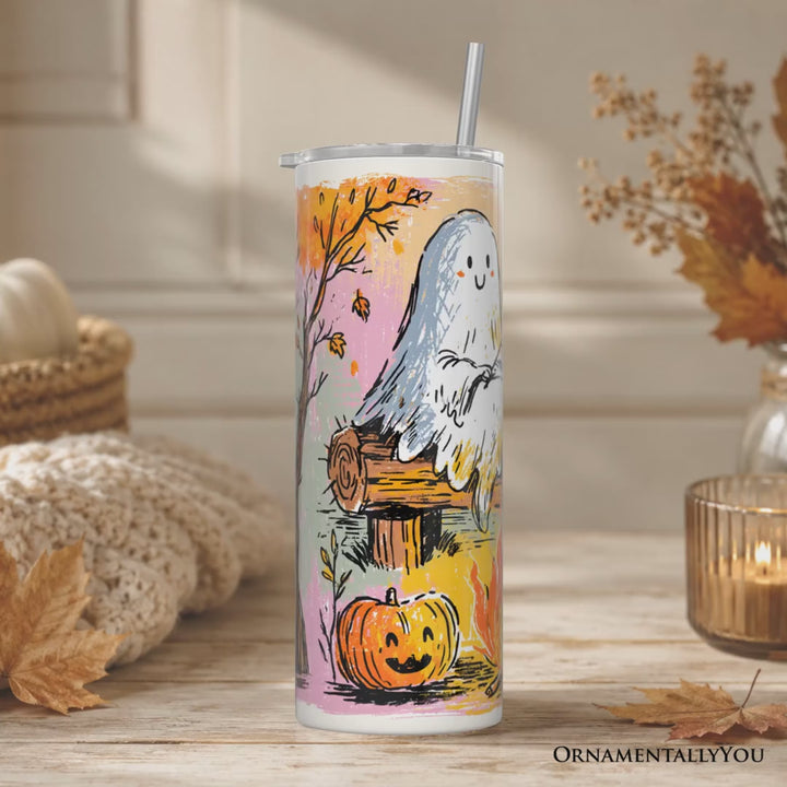 Handdrawn Camping Boo Ghost 20oz Personalized Tumbler With Lid and Stainless Steel Straw, Cozy Autumn Halloween Gift Cup