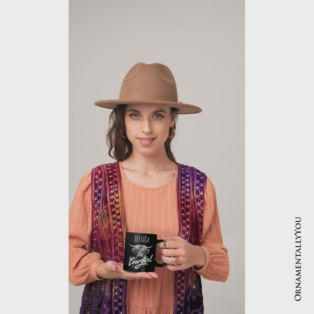 Highland Cow Vintage Cowgirl Personalized Mug, Western Country Gift with Custom Name