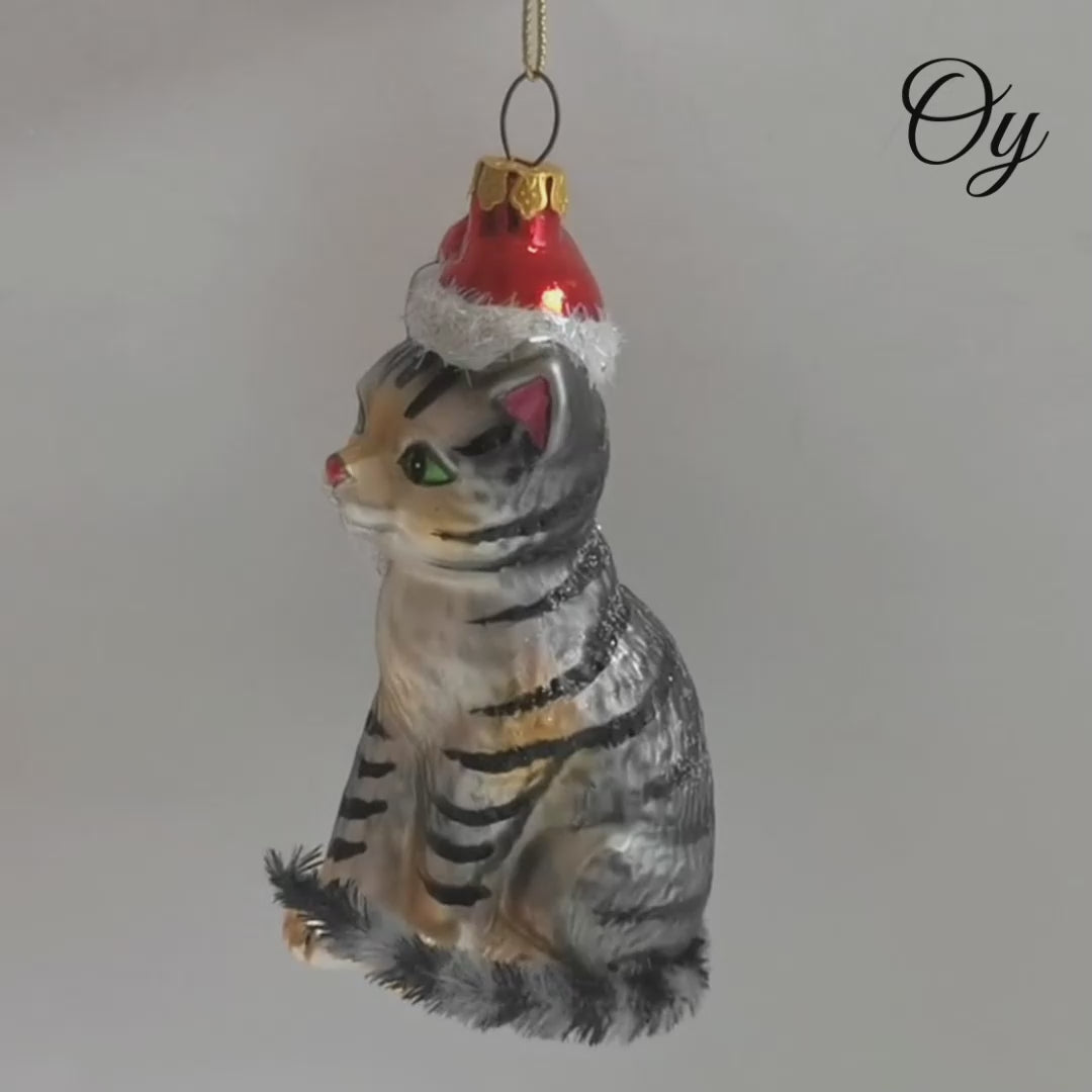 Tabby Cat with Santa Hat Glass Christmas Ornament