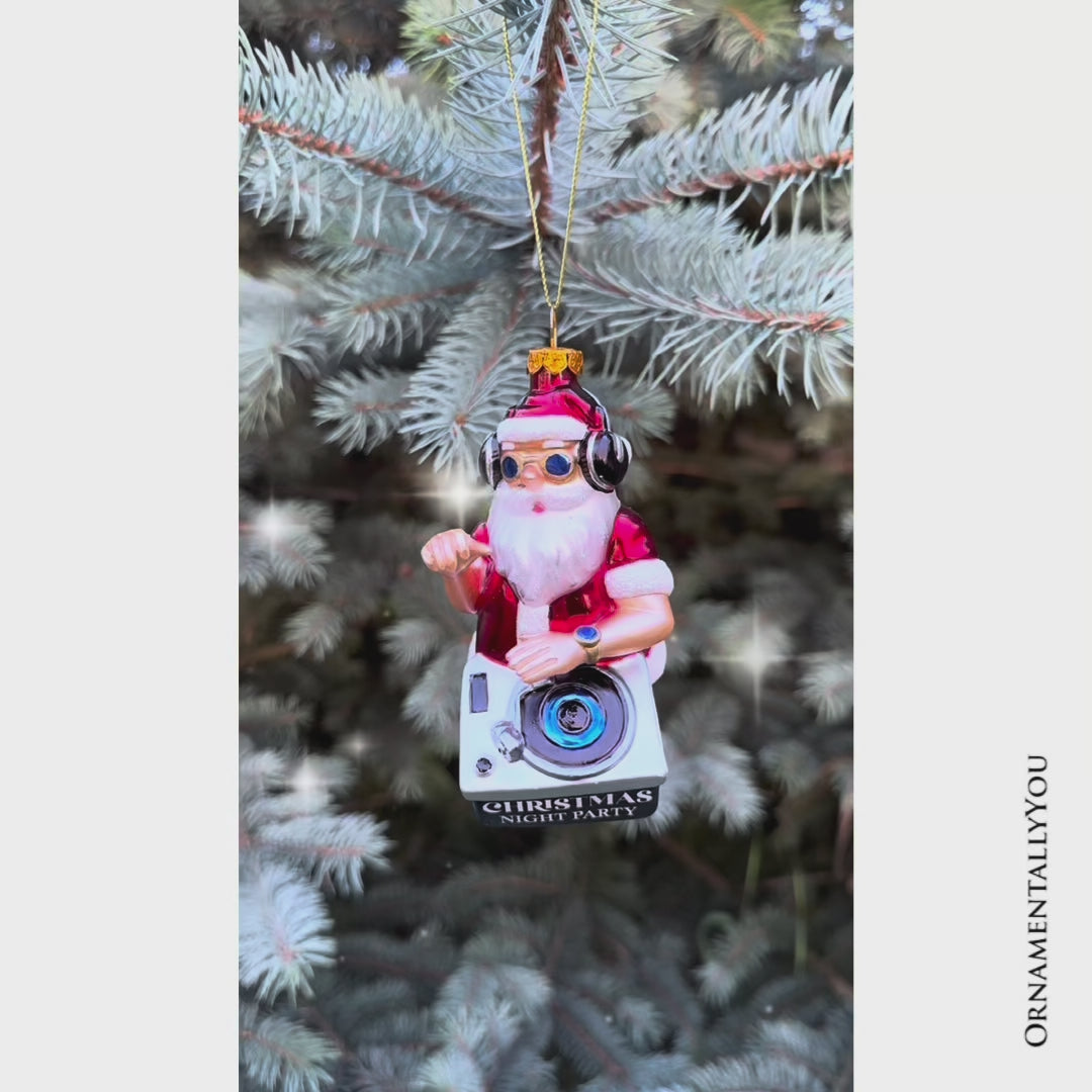 (Pre-Order) DJ Santa Spinning Christmas Party Glass Ornament, Headphones and Music Star Hipster Tree Decor