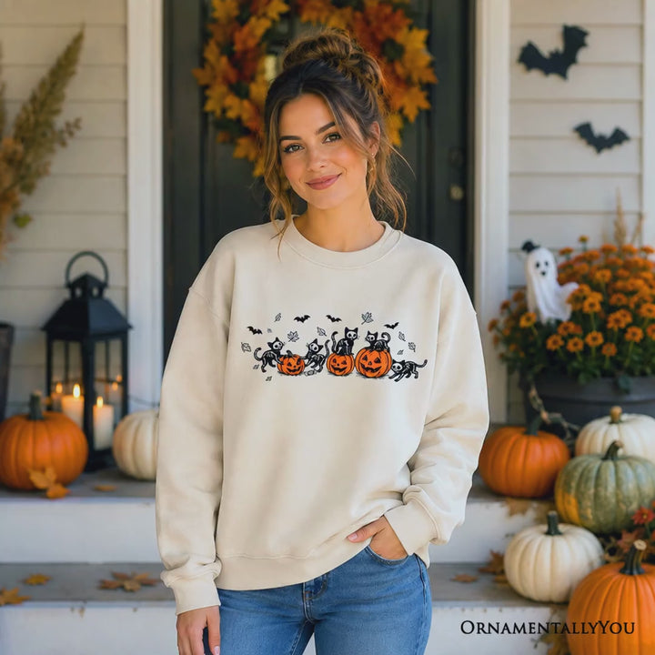 Skeleton Cats and Pumpkins Sweatshirt, Spooky Halloween Black Cat Sweater