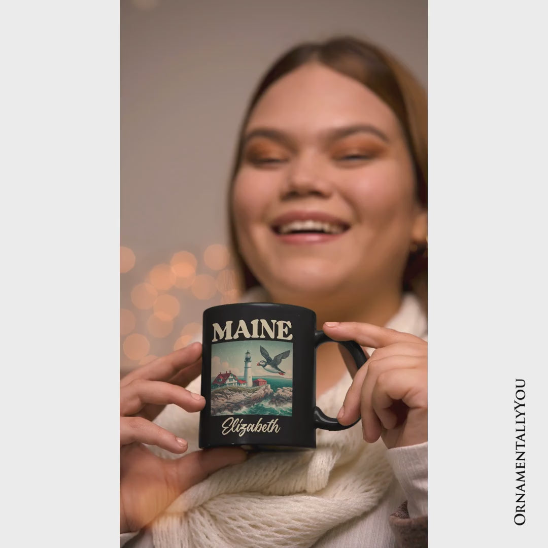 Vintage Maine State Lighthouse and Puffin Personalized Mug, New England Coastal Gift and Seaside Souvenir with Custom Name