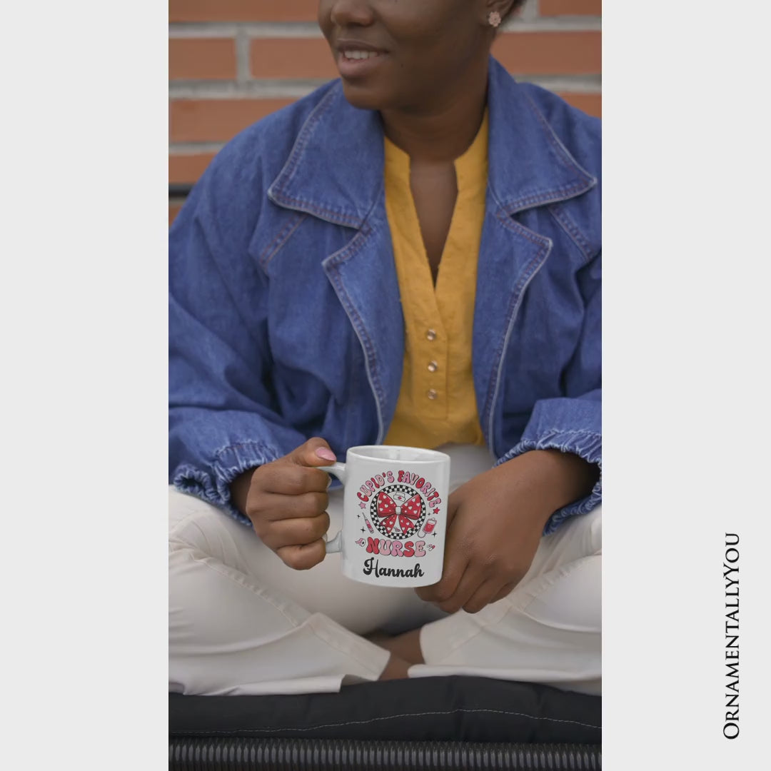 Cupid's Favorite Nurse Coquette Bow Personalized Mug, Cute Valentine Nurse Gift with Custom Name
