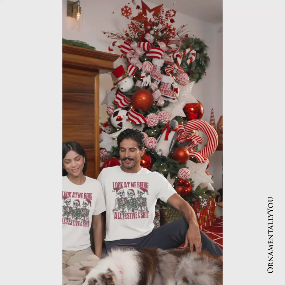 Funny Skeletons in Santa Hat Christmas T‑Shirt, Look At Me Being All Festive Tee for Sarcastic People