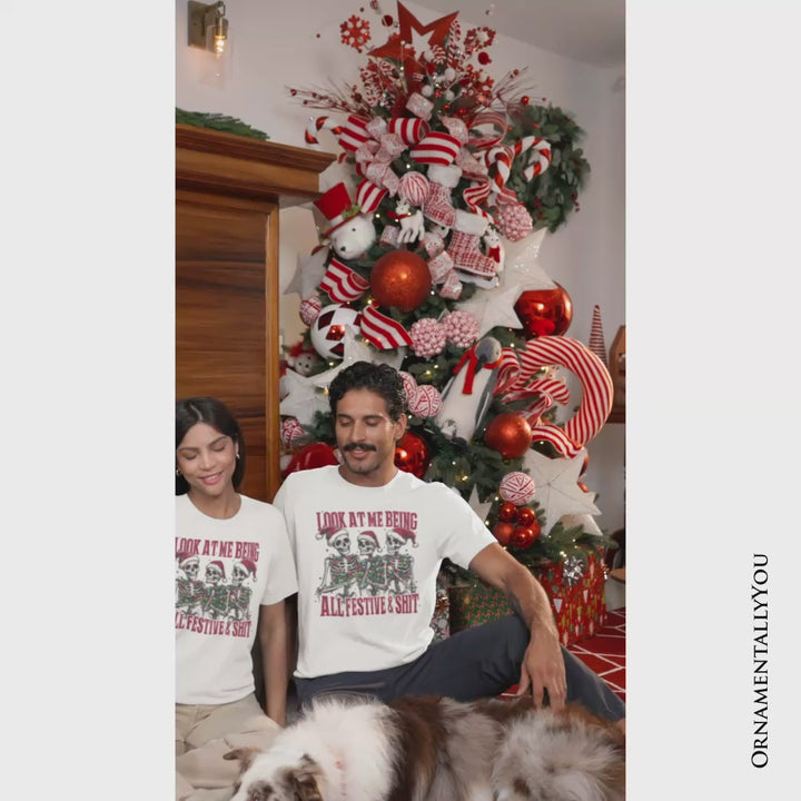 Funny Skeletons in Santa Hat Christmas T‑Shirt, Look At Me Being All Festive Tee for Sarcastic People
