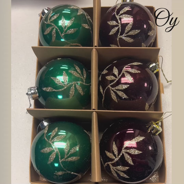 Majestic Gold Glittered Floral Bauble Christmas Ornament Set, 6 Pieces of Maroon and Green Round Tree Balls