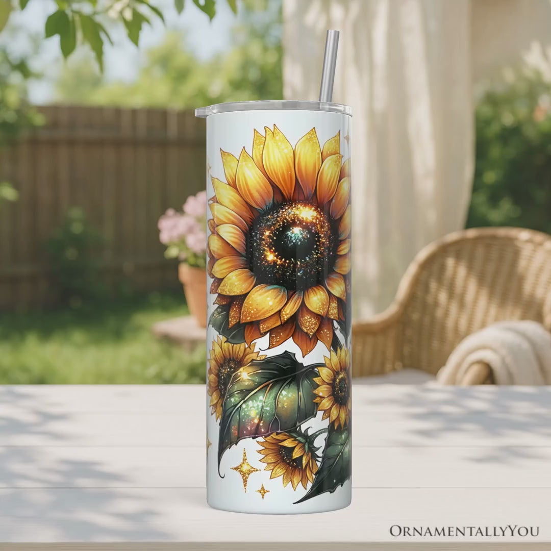 Glittered Sunflower Pattern 20oz Personalized Tumbler With Lid and Stainless Steel Straw, Yellow Summer Flowers Travel Mug Gift