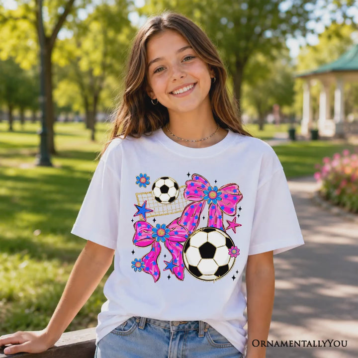 Kids Soccer Coquette Pink Bow T-Shirt, Preppy Game Day Tee for Youth Girls