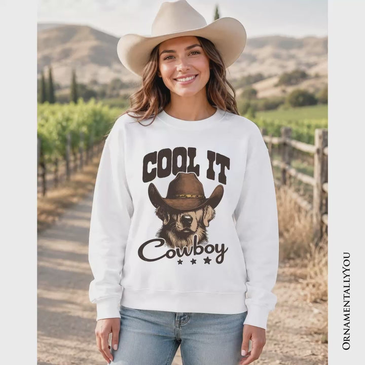 Cool It Cowboy Sweatshirt With Western Dog, Retro Golden Retriever White and Natural Sweater for Country Lover