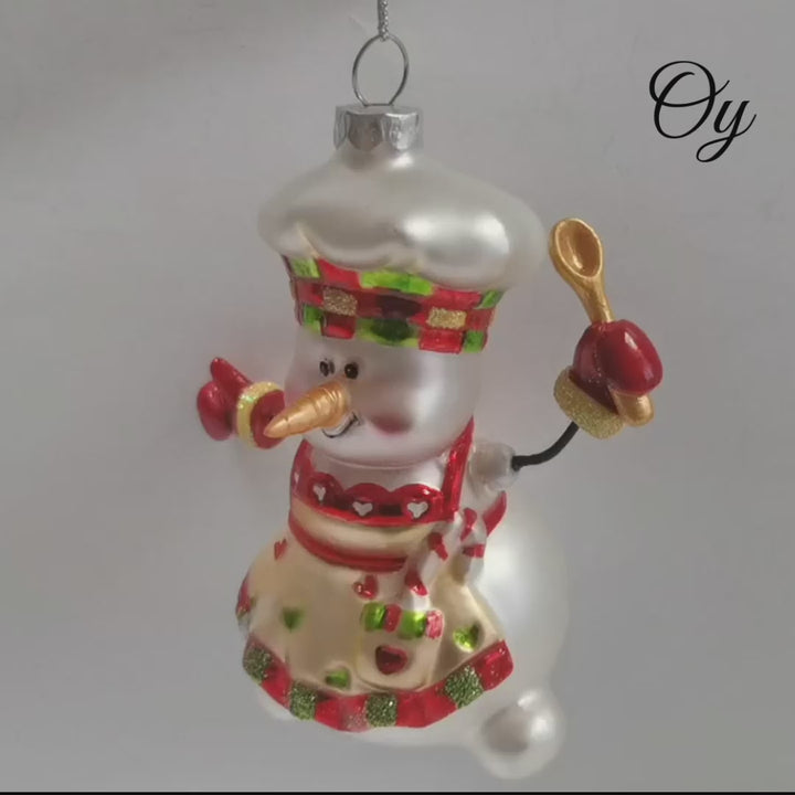 Cheerful Holiday Snowman Chef Glass Christmas Ornament