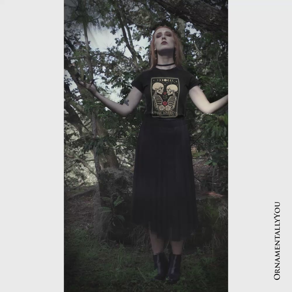 Skeleton The Lovers T-Shirt, Tarot Card Gothic Moon Phases Rose Tee