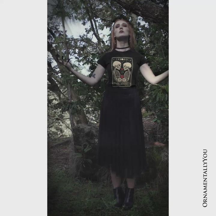 Skeleton The Lovers T-Shirt, Tarot Card Gothic Moon Phases Rose Tee