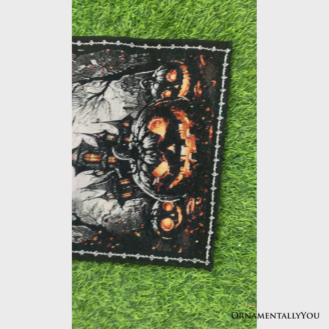 Haunted Horrors 72" Table Runner, Jacquard Halloween Home Black Tablecloth Decoration with Pumpkins and Spiderwebs